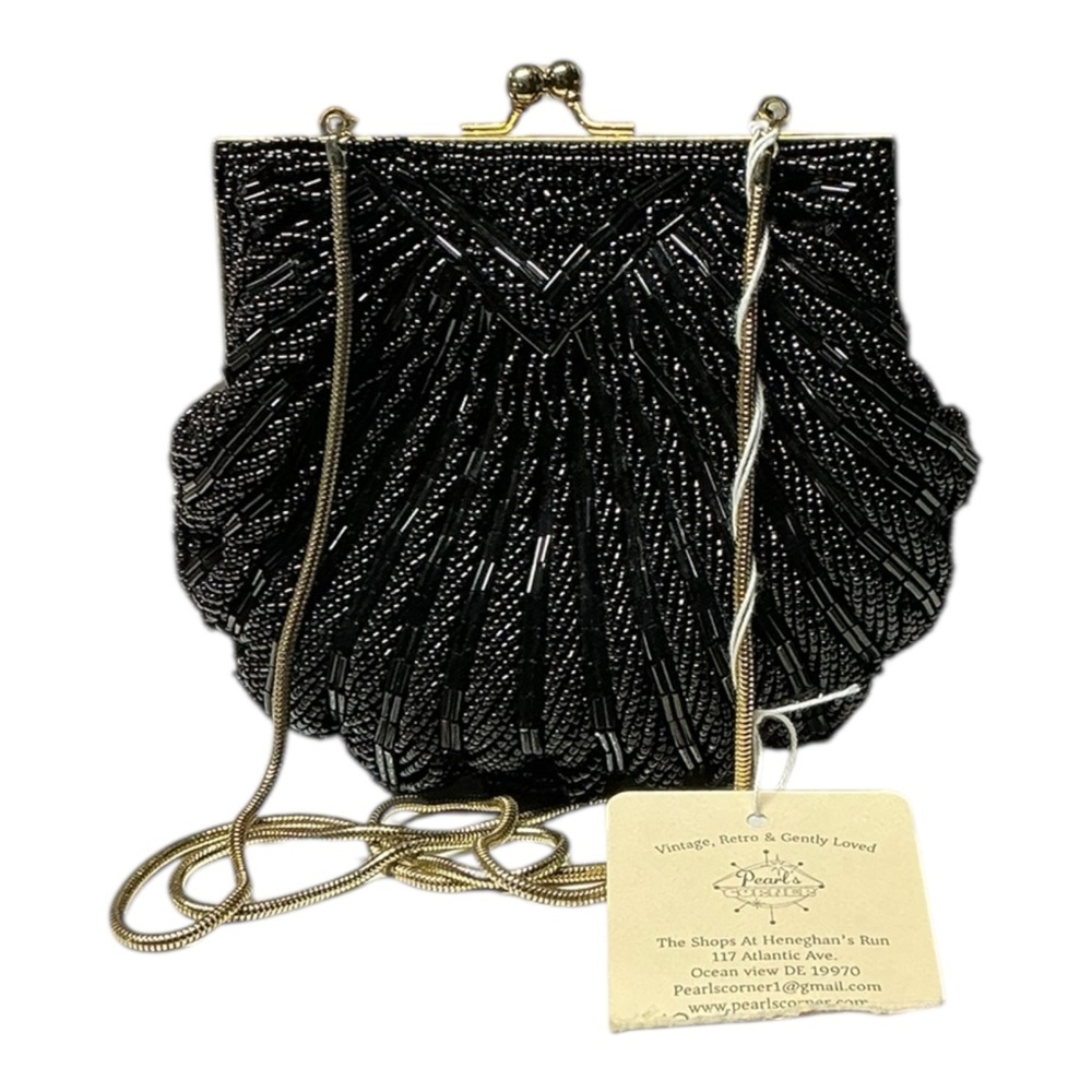Vintage Style Black Beaded Evening Bag Kiss-Lock Clutch Gold Chain Beadwork